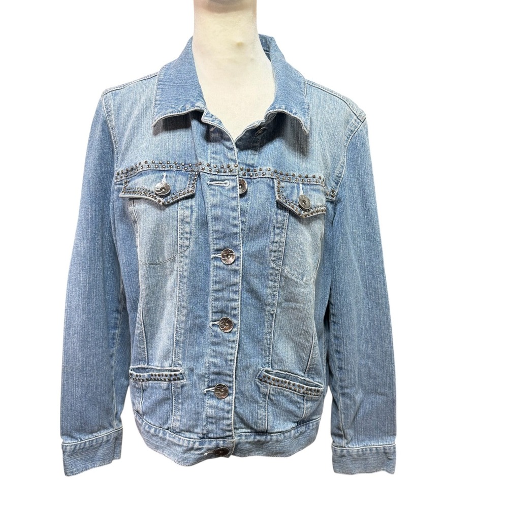 Style & Co Womens Medium Wash Studded Denim Jacket Blue Jean Trucker MED #NC